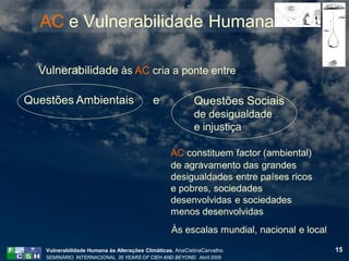 AC e Vulnerabilidade Humana

  Vulnerabilidade às AC cria a ponte entre

Questões Ambientais                        e               Questões Sociais
                                                           de desigualdade
                                                           e injustiça

                                                  AC constituem factor (ambiental)
                                                  de agravamento das grandes
                                                  desigualdades entre países ricos
                                                  e pobres, sociedades
                                                  desenvolvidas e sociedades
                                                  menos desenvolvidas
                                                  Às escalas mundial, nacional e local

   Vulnerabilidade Humana às Alterações Climáticas. AnaCistinaCarvalho.                  15
   SEMINÁRIO INTERNACIONAL 35 YEARS OF CIEH AND BEYOND. Abril 2009
 