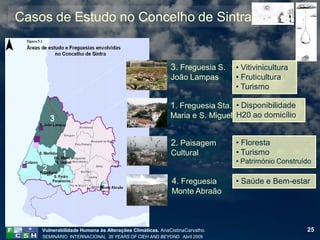 Casos de Estudo no Concelho de Sintra


                                                         3. Freguesia S.   • Vitivinicultura
                                                         João Lampas       • Fruticultura
                                                                           • Turismo

                                                         1. Freguesia Sta. • Disponibilidade
                                                         Maria e S. Miguel H20 ao domicílio


                                                         2. Paisagem       • Floresta
                                                         Cultural          • Turismo
                                                                           • Património Construído

                                                         4. Freguesia      • Saúde e Bem-estar
                                                         Monte Abraão



    Vulnerabilidade Humana às Alterações Climáticas. AnaCistinaCarvalho.                        25
    SEMINÁRIO INTERNACIONAL 35 YEARS OF CIEH AND BEYOND. Abril 2009
 