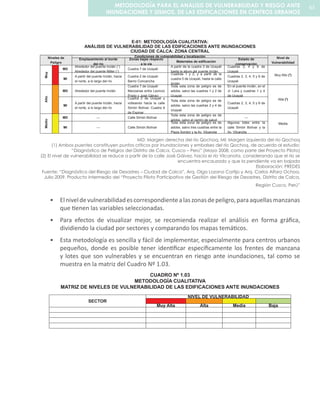 E-01: METODOLOGÍA CUALITATIVA:
ANÁLISIS DE VULNERABILIDAD DE LAS EDIFICACIONES ANTE INUNDACIONES
CIUDAD DE CALCA: ZONA CENTRAL
Niveles de
Peligro
Condiciones de vulnerabilidad y localización Nivel de
Vulnerabilidad
Emplazamiento al borde
del río
Zonas bajas respecto
a la vía
Materiales de edificación
Estado de
conservación
Muy
MD
Alrededor del puente Inclán (1
)
Alrededor del puente Miller (1
)
Cuadra 7 de Ucayali
A partir de la cuadra 3 de Ucayali
hasta la altura del puente Inclán
Cuadras 3, 4 y 8 de
Ucayali
Muy Alto (2
)
MI
A partir del puente Inclán, hacia
el norte, a lo largo del río
Cuadra 2 de Ucayali
Barrio Coricancha
Cuadras 1 y 2, y a partir de la
cuadra 5 de Ucayali, hasta la calle
Inclán
Cuadras 2, 3, 4, 5 y 6 de
Ucayali
Alto
MD Alrededor del puente Inclán
Cuadra 7 de Ucayali
Manzanas entre Leoncio
Prado y José Gálvez
Toda esta zona de peligro es de
adobe, salvo las cuadras 1 y 2 de
Ucayali
En el puente Inclán, en el
Jr. Lara y cuadras 1 y 4
de Ucayali
Alta (2
)
MI
A partir del puente Inclán, hacia
el norte, a lo largo del río
Cuadra 2 de Ucayali y
volteando hacia la calle
Simón Bolívar. Cuadra 9
de Espinar
Toda esta zona de peligro es de
adobe, salvo las cuadras 3 y 4 de
Ucayali
Cuadras 2, 3, 4, 5 y 6 de
Ucayali
Medio
MD --- Calle Simón Bolívar
Toda esta zona de peligro es de
adobe, salvo el centro de salud
---
Media
MI --- Calle Simón Bolívar
Toda esta zona de peligro es de
adobe, salvo tres cuadras entre la
Plaza Sondor y la Av. Vilcanota
Algunos lotes entre la
calle Simón Bolívar y la
Av. Vilcanota
MD: Margen derecha del río Qochoq, MI: Margen izquierda del río Qochoq
(1) Ambos puentes constituyen puntos críticos por inundaciones y embalses del río Qochoq, de acuerdo al estudio:
“Diagnóstico de Peligros del Distrito de Calca, Cusco – Perú” (Mayo 2008, como parte del Proyecto Piloto)
(2) El nivel de vulnerabilidad se reduce a partir de la calle José Gálvez, hacia el río Vilcanota, considerando que el río se
encuentra encauzado y que la pendiente va en bajada
Elaboración: PREDES
Fuente: “Diagnóstico del Riesgo de Desastres – Ciudad de Calca”, Arq. Olga Lozano Cortijo y Arq. Carlos Alfaro Ochoa,
Julio 2009. Producto intermedio del “Proyecto Piloto Participativo de Gestión del Riesgo de Desastres, Distrito de Calca,
Región Cusco, Perú”
Elniveldevulnerabilidadescorrespondientealaszonasdepeligro,paraaquellasmanzanas•	
que tienen las variables seleccionadas.
Para efectos de visualizar mejor, se recomienda realizar el análisis en forma gráfica,•	
dividiendo la ciudad por sectores y comparando los mapas temáticos.
Esta metodología es sencilla y fácil de implementar, especialmente para centros urbanos•	
pequeños, donde es posible tener identificar específicamente los frentes de manzana
y lotes que son vulnerables y se encuentran en riesgo ante inundaciones, tal como se
muestra en la matriz del Cuadro Nº 1.03.
CUADRO Nº 1.03
METODOLOGÍA CUALITATIVA
MATRIZ DE NIVELES DE VULNERABILIDAD DE LAS EDIFICACIONES ANTE INUNDACIONES
SECTOR
NIVEL DE VULNERABILIDAD
Muy Alta Alta Media Baja
63METODOLOGÍA PARA EL ANALISIS DE VULNERABILIDAD Y RIESGO ANTE
INUNDACIONES Y SISMOS, DE LAS EDIFICACIONES EN CENTROS URBANOS
 