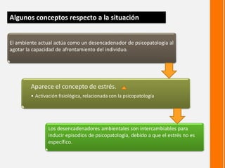 Algunos conceptos respecto a la situación
Aparece el concepto de estrés.
• Activación fisiológica, relacionada con la psicopatología
Los desencadenadores ambientales son intercambiables para
inducir episodios de psicopatología, debido a que el estrés no es
específico.
El ambiente actual actúa como un desencadenador de psicopatología al
agotar la capacidad de afrontamiento del individuo.
 