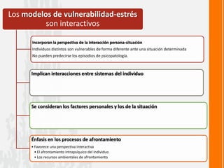 Los modelos de vulnerabilidad-estrés
son interactivos
Incorporan la perspectiva de la interacción persona-situación
Individuos distintos son vulnerables de forma diferente ante una situación determinada
No pueden predecirse los episodios de psicopatología.
Implican interacciones entre sistemas del individuo
Se consideran los factores personales y los de la situación
Énfasis en los procesos de afrontamiento
• Favorece una perspectiva interactiva
• El afrontamiento intrapsíquico del individuo
• Los recursos ambientales de afrontamiento
 
