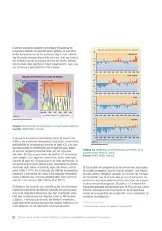 Diversos estudios sugieren una mayor frecuencia de
huracanes debido al calentamiento global y al aumento
de las temperaturas de los océanos. Agua más caliente
significa más energía disponible para los ciclones tropica-
les, transformando la energía térmica en viento. Tempe-
raturas más altas significan mayor evaporación, que a su
vez conduce a precipitación más intensa.
A causa de los efectos retardados sobre el sistema cli-
mático, las emisiones del pasado producirán un aumento
adicional de la temperatura durante el siglo XXI, a lo que
hay que sumar el incremento de emisiones que, según
se espera, seguirá presentándose en las próximas
décadas. En las proyecciones del gráfico 1.6 se aprecia
que la región, con algunas variaciones, se ha calentado
durante el siglo XX. Al igual que en el resto del mundo, la
temperatura promedio global subió gradualmente desde
inicios de siglo salvo un periodo algo más fresco en los
años 1960 y 1970. En la década de 1980 la temperatura
comenzó a aumentar de nuevo y ha seguido ese patrón
hasta el día de hoy, con los pasados diez años como el
período más caluroso (Mc Carthy et al, 2001).
En México, de acuerdo con científicos de la Universidad
Nacional Autónoma de México (UNAM), los únicos esta-
dos de la República Mexicana que han mantenido esta-
bles sus temperaturas son Nayarit, Colima, Michoacán
y Jalisco; mientras que el resto del territorio mexicano,
particularmente el área del lado del océano Atlántico y el
norte del país, se ha calentado más rápidamente9
.
México ante el cambio climático. Evidencias, impactos, vulnerabilidad y adaptación I Greenpeace8
El futuro del clima depende de las emisiones asociadas
al modelo energético que el mundo adopte. Los impac-
tos del cambio climático variarán en función del modelo
de desarrollo que el mundo elija ya que el escenario de
emisiones asociado determinará la velocidad de aumen-
to de la temperatura global. El gráfico 1.7 muestra los
impactos globales proyectados por el IPCC en su cuarto
informe, asociado con el aumento en la temperatura
media de la superficie en el siglo XXI, en un escenario sin
medidas de mitigación.
Gráfico 1.5 Intensidad de huracanes en la cuenca del Atlántico.
Fuente: UNEP/GRID, Arendal.
Gráfico 1.6 Tendencias en la temperatura promedio de la
superficie para América Latina.
Fuente: UNEP/GRID, Arendal.
9
La Jornada. Sociedad y Justicia, p. 34, publicado el 5 de enero de 2009.
Intensidad de huracanes en la cuenca del Atlántico
Registro de frecuencia de ciclones tropicales Número de huracanes
Océano
Atlántico
Océano
Pacífico
Huracanes del Atlántico Huracanes del Caribe
Cálido Atlántico multidecadal medio Cálido
Frío
Tendencias regionales de la temperatura promedio en la superficie
Mesoámerica
Andes del Norte
Brasil
Argentina
Desviación positiva (en °C) Desviación negativa (en °C)
 