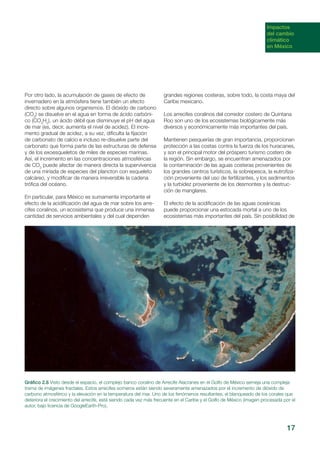17
Por otro lado, la acumulación de gases de efecto de
invernadero en la atmósfera tiene también un efecto
directo sobre algunos organismos. El dióxido de carbono
(CO2
) se disuelve en el agua en forma de ácido carbóni-
co (CO3
H2
), un ácido débil que disminuye el pH del agua
de mar (es, decir, aumenta el nivel de acidez). El incre-
mento gradual de acidez, a su vez, dificulta la fijación
de carbonato de calcio e incluso re-disuelve parte del
carbonato que forma parte de las estructuras de defensa
y de los exoesqueletos de miles de especies marinas.
Así, el incremento en las concentraciones atmosféricas
de CO2
puede afectar de manera directa la supervivencia
de una miríada de especies del plancton con esqueleto
calcáreo, y modificar de manera irreversible la cadena
trófica del océano.
En particular, para México es sumamente importante el
efecto de la acidificación del agua de mar sobre los arre-
cifes coralinos, un ecosistema que produce una inmensa
cantidad de servicios ambientales y del cual dependen
grandes regiones costeras, sobre todo, la costa maya del
Caribe mexicano.
Los arrecifes coralinos del corredor costero de Quintana
Roo son uno de los ecosistemas biológicamente más
diversos y económicamente más importantes del país.
Mantienen pesquerías de gran importancia, proporcionan
protección a las costas contra la fuerza de los huracanes,
y son el principal motor del próspero turismo costero de
la región. Sin embargo, se encuentran amenazados por
la contaminación de las aguas costeras provenientes de
los grandes centros turísticos, la sobrepesca, la eutrofiza-
ción proveniente del uso de fertilizantes, y los sedimentos
y la turbidez proveniente de los desmontes y la destruc-
ción de manglares.
El efecto de la acidificación de las aguas oceánicas
puede proporcionar una estocada mortal a uno de los
ecosistemas más importantes del país. Sin posibilidad de
Gráfico 2.6 Visto desde el espacio, el complejo banco coralino de Arrecife Alacranes en el Golfo de México semeja una compleja
trama de imágenes fractales. Estos arrecifes someros están siendo severamente amenazados por el incremento de dióxido de
carbono atmosférico y la elevación en la temperatura del mar. Uno de los fenómenos resultantes, el blanqueado de los corales que
deteriora el crecimiento del arrecife, está siendo cada vez más frecuente en el Caribe y el Golfo de México (imagen procesada por el
autor, bajo licencia de GoogleEarth-Pro).
Impactos
del cambio
climático
en México
 
