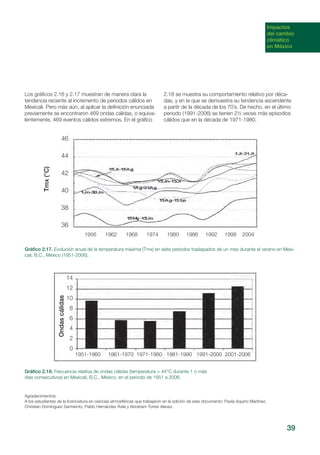 Impactos
del cambio
climático
en México
Los gráficos 2.16 y 2.17 muestran de manera clara la
tendencia reciente al incremento de periodos cálidos en
Mexicali. Pero más aún, al aplicar la definición enunciada
previamente se encontraron 469 ondas cálidas, o equiva-
lentemente, 469 eventos cálidos extremos. En el gráfico
Gráfico 2.17. Evolución anual de la temperatura máxima (Tmx) en siete periodos traslapados de un mes durante el verano en Mexi-
cali, B.C., México (1951-2006).
2.18 se muestra su comportamiento relativo por déca-
das, y en la que se demuestra su tendencia ascendente
a partir de la década de los 70´s. De hecho, en el último
periodo (1991-2006) se tienen 2½ veces más episodios
cálidos que en la década de 1971-1980.
Gráfico 2.18: Frecuencia relativa de ondas cálidas (temperatura > 44°C durante 1 o más
días consecutivos) en Mexicali, B.C., México, en el periodo de 1951 a 2006.
Agradecimientos:
A los estudiantes de la licenciatura en ciencias atmosféricas que trabajaron en la edición de este documento: Paola Aquino Martínez,
Christian Domínguez Sarmiento, Pablo Hernández Ávila y Abraham Torres Alavez.
39
46
44
42
40
38
36
1956 1962 1968 1974 1980 1986 1992 1998 2004
Tmx(°C)
14
12
10
8
6
4
2
0
1951-1960 1961-1970 1971-1980 1981-1990 1991-2000 2001-2006
Ondascálidas
 