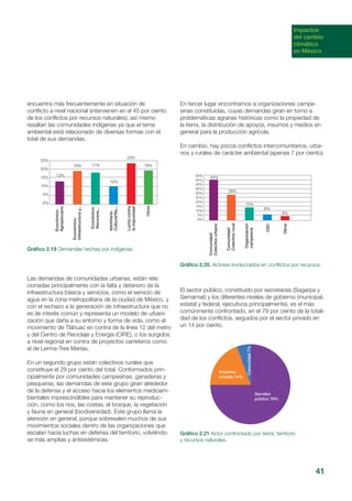 Impactos
del cambio
climático
en México
encuentra más frecuentemente en situación de
conflicto a nivel nacional (intervienen en el 45 por ciento
de los conflictos por recursos naturales); así mismo
resaltan las comunidades indígenas ya que el tema
ambiental está relacionado de diversas formas con el
total de sus demandas.
Gráfico 2.19 Demandas hechas por indígenas.
Las demandas de comunidades urbanas, están rela-
cionadas principalmente con la falta y deterioro de la
infraestructura básica y servicios, como el servicio de
agua en la zona metropolitana de la ciudad de México, y
con el rechazo a la generación de infraestructura que no
es de interés común y representa un modelo de urbani-
zación que daña a su entorno y forma de vida, como el
movimiento de Tláhuac en contra de la línea 12 del metro
y del Centro de Reciclaje y Energía (CIRE), o los surgidos
a nivel regional en contra de proyectos carreteros como
el de Lerma-Tres Marías.
En un segundo grupo están colectivos rurales que
constituye el 29 por ciento del total. Conformados prin-
cipalmente por comunidades campesinas, ganaderas y
pesqueras, las demandas de este grupo giran alrededor
de la defensa y el acceso hacia los elementos medioam-
bientales imprescindibles para mantener su reproduc-
ción, como los ríos, las costas, el bosque, la vegetación
y fauna en general (biodiversidad). Este grupo llama la
atención en general, porque sobresalen muchos de sus
movimientos sociales dentro de las organizaciones que
escalan hacia luchas en defensa del territorio, volviéndo-
se más amplias y antisistémicas.
En tercer lugar encontramos a organizaciones campe-
sinas constituidas, cuyas demandas giran en torno a
problemáticas agrarias históricas como la propiedad de
la tierra, la distribución de apoyos, insumos y medios en
general para la producción agrícola.
En cambio, hay pocos conflictos intercomunitarios, urba-
nos y rurales de carácter ambiental (apenas 7 por ciento).
El sector público, constituido por secretarías (Sagarpa y
Semarnat) y los diferentes niveles de gobierno (municipal,
estatal y federal, ejecutivos principalmente), es el más
comúnmente confrontado, en el 79 por ciento de la totali-
dad de los conflictos, seguidos por el sector privado en
un 14 por ciento.
Gráfico 2.20. Actores involucrados en conflictos por recursos.
Gráfico 2.21 Actor confrontado por tierra, territorio
y recursos naturales.
41
Empresa
privada 14%
Comunidad7%
Servidor
público 79%
Económico-
Agropecuario
Económico-
Infraestructuray...
Económico-
Recursos...
Identitaria-
Cultural/No...
Luchacontra
laimpunidad
Otros
25%
20%
15%
10%
5%
0%
13%
18% 17%
10%
23%
18%
Comunidad/
Colectivourbano
Comunidad/
Colectivorural
Organización
campesina
OSC
Otros
50%
45%
40%
35%
30%
25%
20%
15%
10%
5%
0%
45%
29%
15%
6%
5%
 