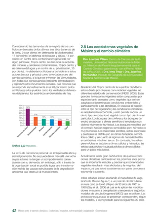 Gráfico 2.22 Recursos.
Considerando las demandas de la mayoría de los con-
flictos ambientales de los últimos tres años (tenencia de
la tierra, 34 por ciento; en defensa de la biodiversidad,
17 por ciento; en defensa de bosques y selvas, 14 por
ciento; en contra de la contaminación generada por
algún particular, 13 por ciento; en denuncia de activida-
des mineras y petroleras contaminantes, 10 por ciento; y
en defensa del agua y en contra de su privatización, 10
por ciento), no deberíamos titubear al considerar a estos
actores (estatal y privado) como la verdadera cara del
cambio climático, a la que se enfrentan las comunidades,
con todas sus consecuencias (creciente criminalización
y represión a los movimientos sociales, que provoca que
se responda impositivamente en el 48 por ciento de los
conflictos) y a los pueblos como los verdaderos defenso-
res del planeta, los auténticos ambientalistas de hoy.
La toma de conciencia personal es indispensable ética y
estratégicamente. No se puede llevar más allá una lucha
cuyos actores no tengan un comportamiento conse-
cuente con su demanda; sin embargo, sólo a través de
la organización social es posible lograr una transforma-
ción real de las causas estructurales de la degradación
ambiental que destruye al mundo entero.
2.8 Los ecosistemas vegetales de
México y el cambio climático
Alrededor del 70 por ciento de la superficie de México
está cubierta por diversas comunidades vegetales en
diferentes estados de conservación (INEGI, 2005). Estas
grandes formaciones vegetales están compuestas por
especies tanto animales como vegetales que se han
adaptado a determinadas condiciones ambientales y
particularmente a las climáticas. En especial la relación
entre el tipo de vegetación y las condiciones climáticas
es ampliamente reconocida, y esto permite asociar un
cierto tipo de comunidad vegetal con un tipo de clima en
particular. Los bosques de coníferas y los bosques de
encino se asocian a climas semifríos o templados con
distinto régimen de humedad. Los bosques mesófilos por
el contrario habitan regiones semicálidas pero húmedas o
muy húmedas. Los matorrales xerófilos, selvas espinosas
y pastizales se distribuyen en climas templado, semicá-
lido o cálido y en cuanto al régimen de humedad están
en ambientes más bien secos. En contraste, las selvas
perennifolias se asocian a climas cálidos y húmedos, las
selvas caducifolias y subcaducifolias a climas cálidos
pero un poco más secos.
Actualmente existe gran certidumbre de que las condi-
ciones climáticas cambiarán en los próximos años por lo
que es importante estudiar y precisar qué comunidades
vegetales resultarán más afectadas y la magnitud del
impacto, ya que estos ecosistemas son parte de nuestra
economía y sustento.
Estos estudios inician asociando el mapa base de vege-
tación de México (figura 1) a un periodo climático base,
en este caso se tomó el lapso de 30 años de 1961 a
1990 (Gay et al., 2006) al cual se le aplican las modifica-
ciones en cuanto a precipitación y temperatura según los
modelos de circulación general (MCG) que se utilicen. Las
proyecciones que aquí se presentan corresponden, según
los modelos, a lo proyectado para los siguientes 30 años
Dra. Lourdes Villers, Centro de Ciencias de la At-
mósfera, Universidad Nacional Autónoma de Méxi-
co. Miembro del Panel Intergubernamental para el
Cambio Climático galardonado con el Premio Nóbel
de la Paz 2007; y Dra. Irma Trejo y Dra. Josefina
Hernández, Instituto de Geografía de la Universidad
Nacional Autónoma de México.
México ante el cambio climático. Evidencias, impactos, vulnerabilidad y adaptación I Greenpeace42
Tenencia
de
tierraBiodiversidad
BosqueC
ontam
inación
M
inería
y
petróleo
Agua
40%
35%
30%
25%
20%
15%
10%
5%
0%
34%
17%
14% 13%
10% 9%
 