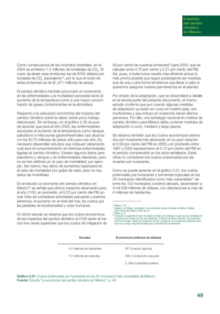 Impactos
del cambio
climático
en México
Como consecuencia de los incendios forestales, en el
2004 se emitieron 1.3 millones de toneladas de CO2
. El
costo de abatir esas emisiones fue de $104 dólares por
tonelada de CO2
equivalente18
, por lo que el costo de
estas emisiones es de $1,471 millones de pesos.
El cambio climático también provocará un incremento
en las enfermedades y la mortalidad asociadas tanto al
aumento de la temperatura como a una mayor concen-
tración de gases contaminantes en la atmósfera.
Respecto a la valoración económica del impacto del
cambio climático sobre la salud, existe poco trabajo
relacionado. Sin embargo, en el gráfico 2.30 se pue-
de apreciar que para el año 2005, las enfermedades
asociadas al aumento de la temperatura como dengue,
paludismo e infecciones gastrointestinales casi alcanza-
ron los $173 millones de pesos sólo para ese año. Es
necesario desarrollar estudios que indiquen claramente
cuál será el comportamiento de distintas enfermedades
ligadas al cambio climático. Existen algunos datos para
paludismo y dengue y de enfermedades diarreicas, pero
no se han definido en el caso de mortalidad, por ejem-
plo. Así mismo, hay datos de aumentos esperados en
el caso de mortalidad por golpe de calor, pero no hay
datos de morbilidad.
En el estudio La economía del cambio climático en
México19
se señala que dichos impactos alcanzarán para
el año 2100, en promedio, el 6.22 por ciento del PIB ac-
tual. Esto sin considerar actividades pecuarias y eventos
extremos, el aumento en el nivel del mar, los costos por
las pérdidas de biodiversidad y vidas humanas.
En dicho estudio se observa que los costos económicos
de los impactos del cambio climático al 2100 serán al me-
nos tres veces superiores que los costos de mitigación de
50 por ciento de nuestras emisiones20
para 2050, que se
calculan entre 0.70 por ciento y 2.21 por ciento del PIB.
Así, pues, a todas luces resulta más eficiente actuar lo
más pronto posible que seguir postergando las medidas
que de una u otra forma tendremos que llevar a cabo si
queremos asegurar nuestra permanencia en el planeta.
Por el lado de la adaptación, que se desarrollará a detalle
en la tercera parte del presente documento, el mismo
estudio confirma que aun cuando algunas medidas
de adaptación ya están en curso en nuestro país, son
insuficientes y que incluso en ocasiones tienen efectos
perversos. Por ello, una estrategia nacional en materia de
cambio climático para México debe contener medidas de
adaptación a corto, mediano y largo plazos.
Se observa también que los costos económicos estima-
dos por huracanes han alcanzado en su peor estación
el 0.59 por ciento del PIB en 2005 y en promedio entre
1997 y 2005 representaron el 0.12 por ciento del PIB en
el periodo comprendido en los años señalados. Estas
cifras no consideran los costos ocasionados por las
muertes por huracanes.
Como se puede apreciar en el gráfico 2.31, los costos
potenciales por huracanes y tormentas tropicales en los
25 municipios identificados como más vulnerables21
de
entre los 153 municipios costeros del país, ascenderán a
4 mil 339 millones de dólares, con afectaciones a más de
4 millones de habitantes.
Gráfico 2.31. Costos potenciales por huracanes en los 25 municipios más vulnerables de México.
Fuente: Estudio “La economía del cambio climático en México”, p. 40.
Sociales
4.2 millones de habitantes
1.0 millones de viviendas
Económicos (millones de dólares)
977.6 sector agrícola
456.7 producción pecuaria
2, 905.5 actividad turística
18
Ibídem, p. 42.
19
Galindo, Luis Miguel, coordinador, La economía del cambio climático en México. Síntesis,
SHCP-Semarnat, México, 2009, pp. 67.
20
Ibídem, p. 6.
21
El estudio no especifica de qué municipios se habla. Sin embargo, se sabe que las localidades de
la península de Yucatán son las más indefensas. El informe del Banco Mundial, “Sea-Level Rise
and Storm Surges” reveló que Ciudad del Carmen, Campeche, es la ciudad del continente ameri
cano con la mayor situación de riesgo por la intensificación de tormentas.
49
 