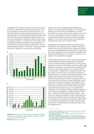 61
Vulnerabilidad
y adaptación
de México
ante el CC
Para México los modelos numéricos del clima, las series
de tiempo y ciertamente los escenarios del clima, mues-
tran que están aumentando los eventos extremos, y si
bien el promedio del clima pareciera mantenerse, las va-
riaciones vistas como frecuencias de lluvias intensas, días
con períodos de altas temperaturas (olas de calor) o nú-
mero de huracanes por temporada, tienen una tendencia
a aumentar. Es decir, en un sólo día o en un cierto mes la
precipitación podría concentrarse y ser considerado un
evento extremo y provocar serias inundaciones, “toda la
lluvia del periodo cayó en unas horas”, aunque para todo
el periodo o todo el año, el promedio se mantenga.
Sería el caso de los desastres experimentados por
Tabasco en octubre del 2007 (figura 3.727
). Ahí se puede
apreciar que en los meses de septiembre, octubre y
noviembre es cuando más lluvia cae (gráfico 3.4 a), mien-
tras que la tendencia es que en los meses de octubre
se estén experimentando eventos extremos crecientes
(gráfico 3.4 b), cuando se comparan con la historia de
varios años (en este caso de 1990 a 2007).
Simultáneamente, podemos decir que estamos expe-
rimentando una resistencia social y de las instituciones
públicas, así como un retraso de las instituciones acadé-
micas (sus investigadores) para documentar y explicar los
fenómenos actuales en torno de epidemias, plagas, baja
productividad del campo, erosión de la costa, etc., y su
relación con el calentamiento global.
Por ello está emergiendo un nuevo concepto para probar
la capacidad de la planeación de políticas o del desa-
rrollo, de infraestructura, de edificaciones e incluso de la
operación de ciertos instrumentos como las evaluaciones
de impacto ambiental, o del ordenamiento ecológico del
territorio, y sirve para preguntar si lo que están hacien-
do, planeando o diseñando es a “prueba del clima”. Así,
las nuevas construcciones ya no podrían considerar el
empuje del viento “normal” o promedio del pasado, como
tampoco los registros de eventos extremos de otros
periodos. Ahora estamos forzados a proyectar, bajo los
nuevos escenarios del clima, nuevas amenazas, puesto
que estamos viendo frecuencias e intensidades nunca
vistas. Los rompeolas y estructuras de puertos y playas
enfrentarán tormentas mayores entre otras causas por
la elevación del nivel del mar y por un aumento en la
intensidad de los huracanes. El diseño deberá integrar un
nuevo factor de seguridad, a prueba del cambio climá-
tico. Lo mismo los cristales de los altos edificios, o las
casas con riesgo de inundación; nuevos reglamentos de
construcción deberán crearse, los atlas de riesgo debe-
rán integrarse a los ordenamientos urbanos y territoriales.
Las compañías aseguradoras ya están considerándolo,
por ejemplo, las que aseguran la producción del campo
(ver Agroasemex28
).
Gráfico 3.3. a) Ciclo anual de las lluvias en Ocotepec, Chiapas;
b) Valores de precipitación acumulada en Ocotepec, Chiapas
para octubre entre 1990 y 2007.
Fuente: Landa et al, p. 208.
27
Tomada de Landa, R., V. Magaña y C. Neri. 2008. Agua y Clima: elementos para la adaptación al
cambio climático. Semarnat-CCA-Unam. 133pp.
http://www.semarnat.gob.mx/queessemarnat/politica_ambiental/cambioclimatico/Documents/
aguaycclimatico/cap%203.pdf
28
AGROASEMEX es una institución nacional de seguros que tiene como misión proteger el
patrimonio y la capacidad productiva del sector rural. En su capital participa el gobierno federal
de manera mayoritaria y es un instrumento de política pública que contribuye a la conformación
de un sistema nacional de administración de riesgos para la protección integral del sector rural.
http://201.158.1.169/agroasemex/
550
500
450
400
350
300
250
200
150
100
50
0
Precipitaciónacumulada(mm)
Ene Feb Mar Abr May Jun Jul Ago Sep Oct Nov Dic
Tiempo (meses)
2000
1800
1600
1400
1200
1000
800
600
400
200
0
Precipitaciónacumulada(mm)
1990 1991 1992 1993 1994 1995 1996 1997 1998 1999 2000 2001 2002 2003 2004 2005 2006 2007
Tiempo (años)
S/D S/D
a)
b)
 