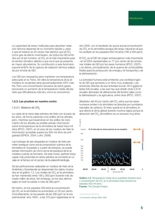 La capacidad de estas moléculas para absorber radia-
ción térmica depende de su momento bipolar y, pese
a que el metano es 20 veces más efectivo que el CO2
como gas de efecto invernadero, de todos los GEI emiti-
dos por el ser humano, el CO2
es el más importante para
el cambio climático debido a que es el que se presenta
en mayor abundancia. Su contribución a este fenómeno
supone el 60% de la captura de radiación térmica realiza-
da por el total de GEI.
Los GEI son necesarios para mantener una temperatura
adecuada en la Tierra. Sin ellos la temperatura de la at-
mósfera en el planeta sería aproximadamente 33ºC más
fría. Pero una concentración excesiva de estos gases
provocaría un aumento de la temperatura media del pla-
neta que dificultaría la vida tal y como la conocemos.
1.2.3. Las pruebas en nuestra contra
1.2.3.1. Balance de CO2
La caída de la nieve deja estratos de hielo con el paso de
los años, de forma parecida a los anillos de los árboles,
pero, mientras que basándose en los anillos de creci-
miento de los árboles es posible extraer información
sobre la temperatura de la atmósfera de hasta hace mil
años (IPCC, 2007), en el caso de los núcleos de hielo la
información accesible supera los 650 mil años de anti-
güedad (EPICA, 2004; Luthi, 2008).
Las burbujas de aire atrapadas en núcleos de hielo per-
miten averiguar cómo era la composición química de la
atmósfera en el pasado y, a partir de isótopos, se puede
extraer información de cómo era la temperatura de la at-
mósfera cuando se formaron. De este modo, perforar hacia
capas más profundas en estos estratos se convierte en un
viaje en el tiempo en el campo de la paleoclimatología.
De las perforaciones realizadas en núcleos de hielo de la
Antártida y Groenlandia se desprenden los datos mostra-
dos en el gráfico 1.2. Los niveles de CO2
en la atmósfera
se han mantenido entre 180 y 300 ppm durante más de
medio millón de años. Sin embargo, en los dos últimos
siglos el nivel ha subido a más de 380 ppm4
.
De hecho, en los pasados 200 años la concentración
de CO2
en la atmósfera ha aumentado un 35 por ciento.
Concretamente, se ha pasado de las 280 ppm en la era
preindustrial –año 1850–, a las 379 ppm registradas en el
año 2005, con el resultado de que la actual concentración
de CO2
en la atmósfera escapa del rango natural en el que
ha oscilado en los pasados 650 mil años (180 a 300 ppm).
El CO2
es el GEI de origen antropogénico más importante
–en el 2004 representaba un 77 por ciento de las emisio-
nes totales de GEI por los seres humanos (IPCC, 2007)–
y se deriva, principalmente, de la quema de combustibles
fósiles (para la producción de energía y el transporte) y de
la deforestación.
La actividad humana está emitiendo una cantidad ingen-
te de GEI que aumenta a un ritmo muy acelerado. Las
emisiones directas de esa actividad suman 26.4 gigatone-
ladas (Gt) anuales, a las que hay que añadir otras 5.9 Gt
anuales derivadas de alteraciones del terreno tales como
la deforestación y la agricultura, entre otras (IPCC, 2007).
Alrededor del 40 por ciento del CO2
extra que los seres
humanos emiten a la atmósfera se absorbe por sumideros
naturales de carbono. El resto queda en la atmósfera, lo
que afecta al clima global durante muchos siglos porque la
absorción del CO2
atmosférico es un proceso muy lento.
5
Gráfico 1.2. Temperatura media de la superficie terrestre (azul
y concentración de CO2
en la atmósfera (rojo) durante los
pasados 650 mil años.
Fuente: The Climate Project.
4
La cifra actual es 386 ppm (NOAA, 2009).
Introducción
CO2
[ppmv]
En 45 años bajo los mismos patrones de uso energético333333
500
400
300
280
260
240
220
200
180
600.00 500.00 400.00 300.00 200.00 100.00 0
Temp.enF˚
Época (año AP)
 