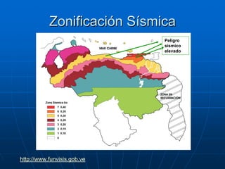 Zonificación Sísmica
                             Peligro
                             sísmico
                             elevado




http://www.funvisis.gob.ve
 