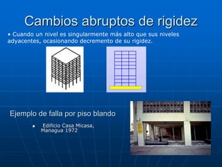 Cambios abruptos de rigidez
• Cuando un nivel es singularmente más alto que sus niveles
adyacentes, ocasionando decremento de su rigidez.




Ejemplo de falla por piso blando
           Edificio Casa Micasa,
           Managua 1972
 