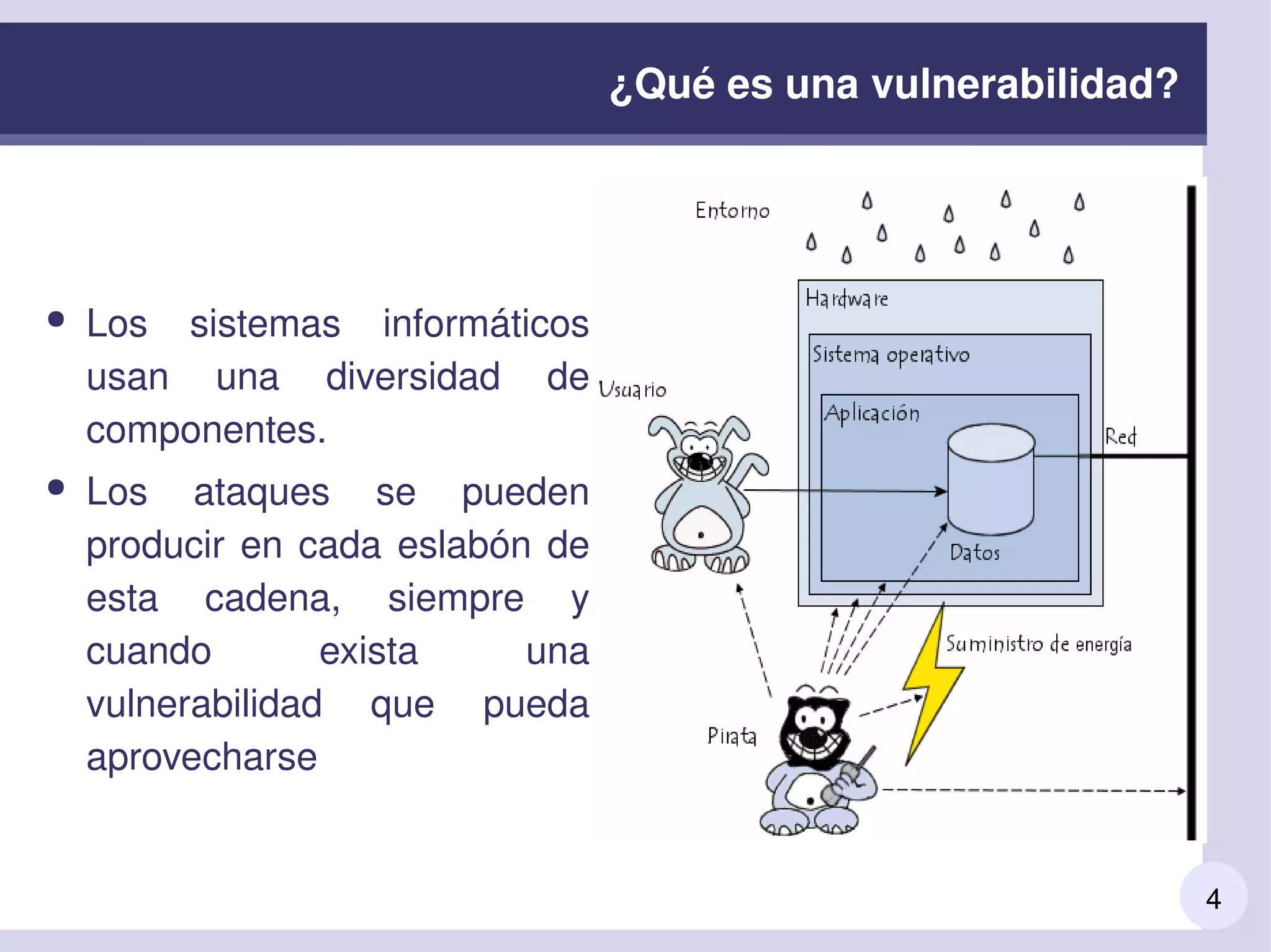 4
¿Qué es una vulnerabilidad?
● Los  sistemas  informáticos 
usan  una  diversidad  de 
componentes. 
● Los  ataques  se  pueden 
producir en cada eslabón de 
esta  cadena,  siempre  y 
cuando  exista  una 
vulnerabilidad  que  pueda 
aprovecharse
 