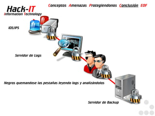 Conceptos Amenazas Protegiendonos Conclusión EOF
  Hack-IT
Information Technology


  IDS/IPS




      Servidor de Logs




Negros quemandose las pestañas leyendo logs y analizándolos




                                                 Servidor de Backup
 