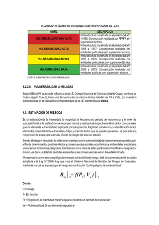 CUADRO N° 21: MATRIZ DE VULNERABILIDAD IDENTIFICADOS EN LA I.E.
NIVEL DECRIPCIÓN
VULNERABILIDAD MUY ALTA
Infraestructuraconstruidaenelperiododelaño
>1958; Construcciónrealizada por APAFA sin
supervisión técnica.
VULNERABILIDAD ALTA
Infraestructuraconstruidaenelperiododelaño
1958 a 1997; Construcción realizada por
entidadesparticularessinsupervisióntécnica.
VULNERABILIDAD MEDIA
Infraestructuraconstruidaenelperiododelaño
1997 a 2005; Construcción realizada por
entidadesparticularesconsupervisióntécnica.
VULNERBILIDAD BAJA
Infraestructuraconstruidaenelperiododelaño
2008 a 2019; Construcción realizada por
entidades públicas con supervisión técnica.
FUENTE:ELABORACIÓN:EQUIPO FORMULADOR
4.2.2.6. VULNERABILIDAD A HELADAS
Según SENAMHI la zona de influenciadelaI.E. ColegioNacionaldeCiencias (distrito Cusco,provinciade
Cusco, región Cusco), tiene una frecuenciade ocurrenciade las heladas de 10 a 25%, por cuanto la
vulnerabilidad en la población e infraestructura de la I.E. intervenida es Media.
4.3. ESTIMACIÓN DE RIESGOS
Es la evaluación de la intensidad, la magnitud, la frecuencia o periodo de recurrencia, y el nivel de
susceptibilidadantelosfenómenosdeorigennatural,yrealizadoelrespectivoanálisisdeloscomponentes
que incidenenla vulnerabilidadexplicadaporlaexposición,fragilidadyresiliencia,laidentificacióndelos
elementospotencialmentevulnerables,eltipo y nivel de daños que se puedanpresentar, se procedea la
conjunción de éstos para calcular el nivel de riesgo del área en estudio.
Siendoelriesgoel resultadoderelacionarelpeligroconlavulnerabilidaddeloselementosexpuestos,con
el fin de determinarlosposiblesefectosyconsecuenciassociales,económicasyambientales asociadasa
uno o varios fenómenospeligrosos.Cambios enunoo más de estos parámetrosmodificanelriesgoen sí
mismo, es decir, el total de pérdidas esperadas ylas consecuencias en un área determinada.
El expresarlosconceptosdepeligro(amenaza),vulnerabilidadyriesgo, estáfundamentadaenlaecuación
adaptada a la Ley N°29664 Ley que crea el Sistema Nacional de Gestión del Riesgo de Desastres,
mediante la cual se expresa que el riesgo es una función f () del peligro yla vulnerabilidad.
Dónde:
R= Riesgo.
ƒ= En función
Pi =Peligro con la intensidad mayor o igual a i durante un período de exposición t
Ve = Vulnerabilidad de un elemento expuesto e
 