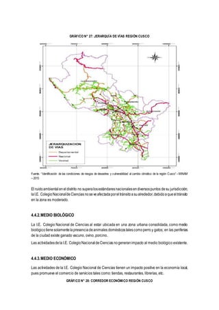 GRÁFICO N° 27: JERARQUÍA DE VÍAS REGIÓN CUSCO
Fuente. “Identificación de las condiciones de riesgos de desastres y vulnerabilidad al cambio climático de la región Cusco” –MINAM
– 2015
El ruidoambientaleneldistrito no superalosestándaresnacionalesendiversospuntos desu jurisdicción;
laI.E. ColegioNacionaldeCiencias noseveafectadaporeltránsitoasualrededor,debidoaqueeltránsito
en la zona es moderado.
4.4.2.MEDIO BIOLÓGICO
La I.E. Colegio Nacional de Ciencias al estar ubicada en una zona urbana consolidada, como medio
biológicotienesolamentelapresenciadeanimales domésticostalescomoperro y gatos; en las periferias
de la ciudad existe ganado vacuno, ovino, porcino.
Las actividadesdela I.E. ColegioNacionaldeCiencias nogeneranimpacto al medio biológico existente.
4.4.3.MEDIO ECONÓMICO
Las actividades de la I.E. Colegio Nacional de Ciencias tienen un impacto positivo en la economía local,
pues promueve el comercio de servicios tales como: tiendas, restaurantes, librerías, etc.
GRÁFICO N° 28: CORREDOR ECONÓMICO REGIÓN CUSCO
 
