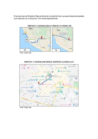 El acceso local a la IE desde la Plaza de Armas de la ciudad de Cusco, se puede realizar tanto peatonal
como vehicular con un tiempo de 7 y6 minutos respectivamente.
GRÁFICO N° 2: ACCESIBILIDAD A LA ZONA DE LA IE DESDE LIMA
Fuente: Google maps
GRÁFICO N° 3: ACCESIBILIDAD DESDE EL CENTRO DE LA CIUDAD A LA IE
Fuente: Google maps
VÍA
AÉREA
VÍA
TERRESTRE
 