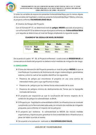 “MEJORAMIENTO DE LOS SERVICIOS DE EDUCACION INICIAL DE LA I.E. N° 133 DE
AYANCOCHA DEL CENTRO POBLADO JUAN JOSE CRESPO Y CASTILLO, DISTRITO DE
AMBO, PROVINCIA DE AMBO - HUANUCO”
ANÁLISIS DE VULNERABILIDAD
Si todas las variables de exposición presentan Vulnerabilidad Baja y por lo menos alguna
de las variables de fragilidad o resilencia presenta VulnerabilidadBaja Y Media, entonces,
el proyecto enfrenta VULNERABILIDAD BAJA
 Analisis de Riesgos del Proyecto
Con el Formato Nº 01, se determinó nivel de peligro MEDIO asociado al proyecto y
con el FormatoNº 03 se determina que el proyectoenfrenta una Vulnerabilidad BAJA
y en seguida se determinara el nivel de Riesgo empleando la siguiente escala:
CUADRO Nº 06: ESCALA DE NIVEL DE RIESGO
Definición de
Peligro/Vulnerabilidad
Grado de Vulnerabilidad
Bajo Medio Alto
Grado de
Peligro
Bajo Bajo Bajo Medio
Medio Bajo Medio Alto
Alto Medio Alto Alto
De acuerdo al cuadro Nº 06, el Proyecto enfrentará condiciones de RIESGO BAJO; en
consecuencia el diseño del proyecto no deberá incluir medidas de mitigación de riesgo.
9. CONCLUSIÓN
 El área de intervención del Proyecto presenta un nivel de peligro MEDIO, lo que se
manifiesta por la presencia de fenómenos de origen meteorológico, geodinámica
externa y otros lo cual se han podido identificar los siguientes.
 Presencia de peligro por encontrarse el proyecto en una zona sísmica de
intensidad media, pero cuya significancia es baja.
 Presencia de peligros por las intensa lluvias estacionales de la zona
 Presencia de peligros mínimo de deslizamientos de Tierras por la topografía
inclinada del terreno.
 El proyecto por exposición ya que la Localización del terreno respecto de la
condición de peligro la vulnerabilidad es BAJA.
 El Proyecto por fragilidadla vulnerabilidad es BAJA ( la infraestructura se construirá
cumpliendo con la Normatividad adecuada y la inclusión de medidas de mitigación
propuesta, para enfrentar el impacto de los peligros)
 El proyecto por resilencia la vulnerabilidad es MEDIA (Se incluirá medidas
organizativas y logísticas para garantizar la funcionabilidad de la infraestructura a
pesar de haber ocurrido el evento
 De acuerdo a la evaluación realizada la VULNERABILIDAD BAJO.
 