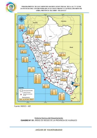 “MEJORAMIENTO DE LOS SERVICIOS DE EDUCACION INICIAL DE LA I.E. N° 133 DE
AYANCOCHA DEL CENTRO POBLADO JUAN JOSE CRESPO Y CASTILLO, DISTRITO DE
AMBO, PROVINCIA DE AMBO - HUANUCO”
ANÁLISIS DE VULNERABILIDAD
Fuente: INDECI - IGP.
Historia Sísmica del Departamento
CUADRO N° 01. ÁREAS DE RIESGO DE LA PROVINCIA DE HUÁNUCO
 