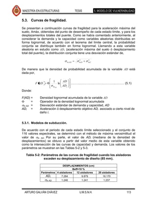 MAESTRÍA EN ESTRUCTURAS                              TESIS               5. MODELO DE VULNERABILIDAD


5.3. Curvas de fragilidad.

Se presentan a continuación curvas de fragilidad para la aceleración máxima del
suelo, Amáx, obtenidas del punto de desempeño de cada estado límite, y para los
desplazamientos totales del puente. Como se había comentado anteriormente, al
considerar la demanda y la capacidad como variables aleatorias distribuidas en
forma lognormal, de acuerdo con el teorema del límite central, la probabilidad
conjunta se distribuye también en forma lognormal. Llamando a esta variable
aleatoria en estudio como AD, (aceleración máxima del suelo ó desplazamiento
total del puente), la distribución conjunta tiene una desviación estándar de,

                                                        2         2
                                             ln AD      ln D      ln C



De manera que la densidad de probabilidad acumulada de la variable AD está
dada por,

                          1            AD
           F AD                   ln             …………………………………….……… (5.1)
                          ln AD        ADi
Donde:

F(AD) =      Densidad lognormal acumulada de la variable AD
       =     Operador de la densidad lognormal acumulada
 ln AD =     Desviación estándar de demanda y capacidad, AD
ADi =        Aceleración ó desplazamiento objetivo ADi asociado a cierto nivel de
             daño i.


5.3.1. Modelos de subducción.

De acuerdo con el periodo de cada estado límite seleccionado y el conjunto de
116 valores espectrales, se determinó con el método de máxima verosimilitud el
valor de ln AD. Por su parte, el valor de ADi (mediana de la densidad de
desplazamientos) se obtuvo a partir del valor medio de esta variable obtenido
como la intersección de las curvas de capacidad y demanda. Los valores de los
parámetros se muestran en las Tablas 5-2 y 5-3.

   Tabla 5-2: Parámetros de las curvas de fragilidad cuando los aisladores
               exceden su desplazamiento de diseño (85 mm).

                              DESPLAZAMIENTOS (cm)
                                      Beff=10 %
              Parámetros 4 aisladores    12 aisladores                     20 aisladores
                 ADi         7.284           9.879                            16.170
                  ln AD                1.246              1.241                1.237



  ARTURO GALVÁN CHÁVEZ                                  U.M.S.N.H.                            113
 