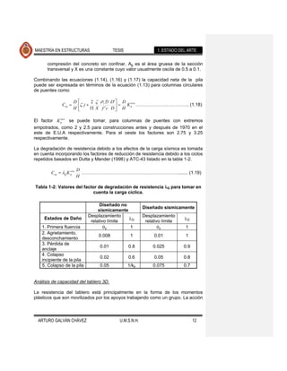 MAESTRÍA EN ESTRUCTURAS                          TESIS                  1. ESTADO DEL ARTE

      compresión del concreto sin confinar, Ag es el área gruesa de la sección
      transversal y X es una constante cuyo valor usualmente oscila de 0.5 a 0.1.

Combinando las ecuaciones (1.14), (1.16) y (1.17) la capacidad neta de la pila
puede ser expresada en términos de la ecuación (1.13) para columnas circulares
de puentes como:

                       D          2        fy D'     D circ
              Ccp            j           t
                                                       K p …………………………….. (1.18)
                       H              X f 'c D       H

            circ
El factor K p    se puede tomar, para columnas de puentes con extremos
empotrados, como 2 y 2.5 para construcciones antes y después de 1970 en el
este de E.U.A respectivamente. Para el oeste los factores son 2.75 y 3.25
respectivamente.

La degradación de resistencia debido a los efectos de la carga sísmica es tomada
en cuenta incorporando los factores de reducción de resistencia debido a los ciclos
repetidos basados en Dutta y Mander (1998) y ATC-43 listado en la tabla 1-2.

                           D
        Ccp    Q
                    circ
                   Kp        ………………………………………………………........ (1.19)
                           H

Tabla 1-2: Valores del factor de degradación de resistencia                   Q   para tomar en
                            cuenta la carga cíclica.

                                       Diseñado no
                                                                 Diseñado sísmicamente
                                      sísmicamente
                                 Desplazamiento                  Desplazamiento
     Estados de Daño                                       Q                            Q
                                  relativo límite                 relativo límite
   1. Primera fluencia                       y            1              y              1
   2. Agrietamiento,
                                       0.008              1           0.01              1
   desconchamiento
   3. Pérdida de
                                        0.01             0.8          0.025            0.9
   anclaje
   4. Colapso
                                        0.02             0.6          0.05             0.8
   incipiente de la pila
   5. Colapso de la pila                0.05             1/kp         0.075            0.7


Análisis de capacidad del tablero 3D.

La resistencia del tablero está principalmente en la forma de los momentos
plásticos que son movilizados por los apoyos trabajando como un grupo. La acción



  ARTURO GALVÁN CHÁVEZ                              U.M.S.N.H.                               12
 