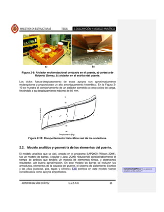 MAESTRÍA EN ESTRUCTURAS            TESIS       2. DESCRIPCIÓN Y MODELO ANALÍTICO




                     a)                                      b)

 Figura 2-9: Aislador multirrotacional colocado en el puente, a) cortesía de
            Roberto Gómez, b) aislador en el estribo del puente.

Los ciclos fuerza-desplazamiento de estos apoyos son aproximadamente
rectangulares y proporcionan un alto amortiguamiento histerético. En la Figura 2-
10 se muestra el comportamiento de un aislador sometido a cinco ciclos de carga,
llevándolo a su desplazamiento máximo de 85 mm.




       Figura 2-10: Comportamiento histerético real de los aisladores.


2.2. Modelo analítico y geometría de los elementos del puente.
El modelo analítico que se usó, creado en el programa SAP2000 (Wilson 2004),
fue un modelo de barras (Aguilar y Jara, 2006) reduciendo considerablemente el
tiempo de análisis que llevaría un modelo de elementos finitos, y obteniendo
resultados con buena aproximación. En este modelo de barras se incluyen las
armaduras, elementos de la calzada del puente, el sistema de aislamiento sísmico
y las pilas (cabezal, pila, tapas y cilindro). Los estribos en este modelo fueron   Comentario [JMJ1]: No se pusieron
                                                                                    aisladores en los estribos??
considerados como apoyos empotrados.



  ARTURO GALVÁN CHÁVEZ                     U.M.S.N.H.                       26
 