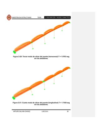MAESTRÍA EN ESTRUCTURAS          TESIS       2. DESCRIPCIÓN Y MODELO ANALÍTICO




 Figura 2-20: Tercer modo de vibrar del puente (transversal) T = 1.9703 seg
                            sin los aisladores.




Figura 2-21: Cuarto modo de vibrar del puente (longitudinal) T = 1.7430 seg
                           sin los aisladores.



 ARTURO GALVÁN CHÁVEZ                    U.M.S.N.H.                       38
 