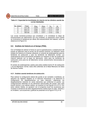 MAESTRÍA EN ESTRUCTURAS               TESIS                  4. MODELO DE CAPACIDAD

Tabla 4-1: Capacidad de ductilidades de rotación de los cilindros usando las
                           curvas idealizadas.

     No. cilindro    P (ton)        long         trans     cu     
          2         4161.188       0.0078          0.0017    0.0123    5.915
          3         6404.733       0.0064          0.0014    0.0110    6.658
          4         6524.314       0.0064          0.0014    0.0110    6.491
          5         3865.068       0.0078          0.0017    0.0124    6.490

Las curvas momento-curvatura que consideran y no consideran la etapa de
endurecimiento por deformación son muy similares; su separación inicia cuando
se incrementa la resistencia por efecto del endurecimiento del material, como se
observa en la Figura 4-2.


4.2. Análisis de historia en el tiempo (FNA).

Con la finalidad de estimar la forma en que la superestructura y subestructura del
puente se deforman ante la acción de los eventos sísmicos, se realizaron varios
análisis de historia en el tiempo utilizando un conjunto de acelerogramas para los
temblores de subducción y para los temblores de fallamiento normal. Los
acelerogramas fueron previamente escalados con respecto al valor de aceleración
máxima obtenido con la leyes de atenuación, tanto para los temblores de
subducción como para los de fallamiento normal, anteriormente mencionadas en
el capítulo 3.

El número de acelerogramas usados para estos análisis fueron 91 de subducción
y 24 de fallamiento normal, todos ellos obtenidos de la Base Mexicana de Datos
de Sismos Fuertes.


4.2.1. Análisis usando temblores de subducción.

Para estimar la configuración lateral del puente al ser sometido a temblores, se
aplicaron los registros elegidos en la dirección transversal y se determinó la
configuración de desplazamientos en esta dirección, obteniendo los
desplazamientos máximos en varios elementos que conforman el puente. Las
configuraciones obtenidas en los elementos estructurales del puente, para cada
evento sísmico y sus valores medios, se muestran en las Figuras 4-5 a 4-14. Con
estos valores medios, se ajustaron con el programa excel las ecuaciones que
muestran la tendencia de estos desplazamientos medios tanto en pilas, cilindros y
en el tablero. Las ecuaciones y gráficas se presentan en la Figura 4-15 y 4-16.




  ARTURO GALVÁN CHÁVEZ                       U.M.S.N.H.                        68
 