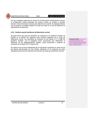 MAESTRÍA EN ESTRUCTURAS               TESIS              4. MODELO DE CAPACIDAD

Con los resultados anteriores se cuenta con la información suficiente para conocer
la configuración lateral esperada del puente cuando se somete a eventos
sísmicos. Esta información servirá para determinar al patrón de desplazamientos
que se usará en el análisis estático no lineal con base en el cual se determina la
capacidad de la estructura.


4.2.2. Análisis usando temblores de fallamiento normal.

De igual forma que para los temblores de subducción, se realizaron análisis      de
historia en el tiempo (24 registros) para eventos originados en la zona          de
fallamiento normal. Los resultados se muestran en las Figuras 4-17 a 4-26.       Se    Comentario [JMJ2]: Lo que creo que
                                                                                       vale la pena comentar aqui, es si se
ajustaron también, con el programa excel, ecuaciones que determinan               la   encontraron diferencias apreciables en la
tendencia de los desplazamientos medios, cuyas ecuaciones y gráficas             se    forma de desplazarse lateralmente el puente
                                                                                       para los eventos de subducción y para los
presentan en la Figura 4-27 y Figura 4-28.                                             eventos de fallamiento normal

Se observa que la forma desplazada de los elementos expuestos en cada una de
las figuras mencionadas es muy similar, diferiendo en la magnitud de estos
desplazamientos para los distintos movimientos del suelo de cada fuente sísmica.




  ARTURO GALVÁN CHÁVEZ                   U.M.S.N.H.                         81
 