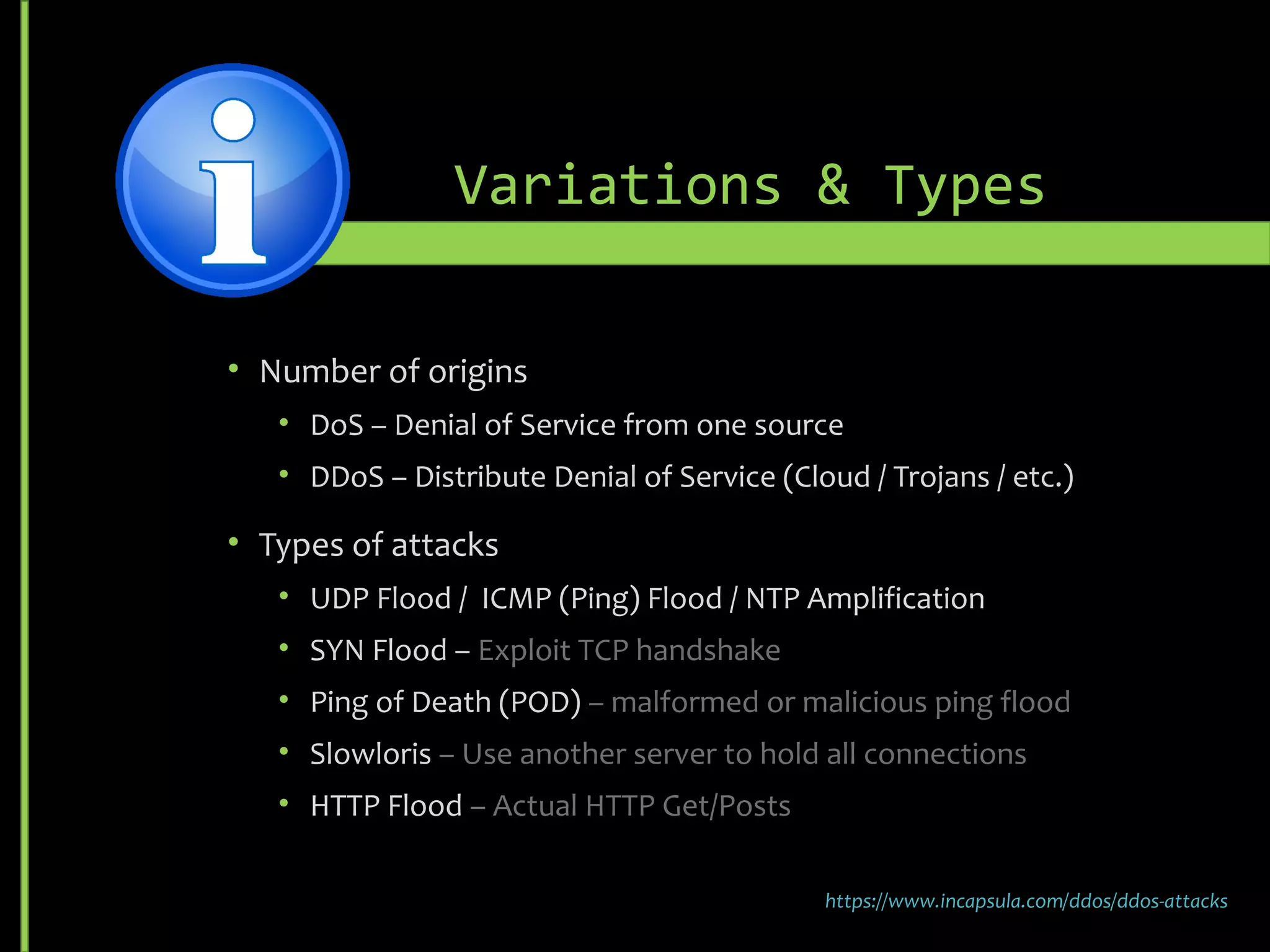 Variations & Types
Rainbow Table Attacks follow the same general design.
First get a rainbow table (A list of common passwords with their
basic SHA hash values) then iterate through all the actual
password hashes to find a match. Once found you can match that
account back to the associated clear text password in the
Rainbow Table.
http://netsecurity.about.com/od/hackertools/a/Rainbow-Tables.htm
 