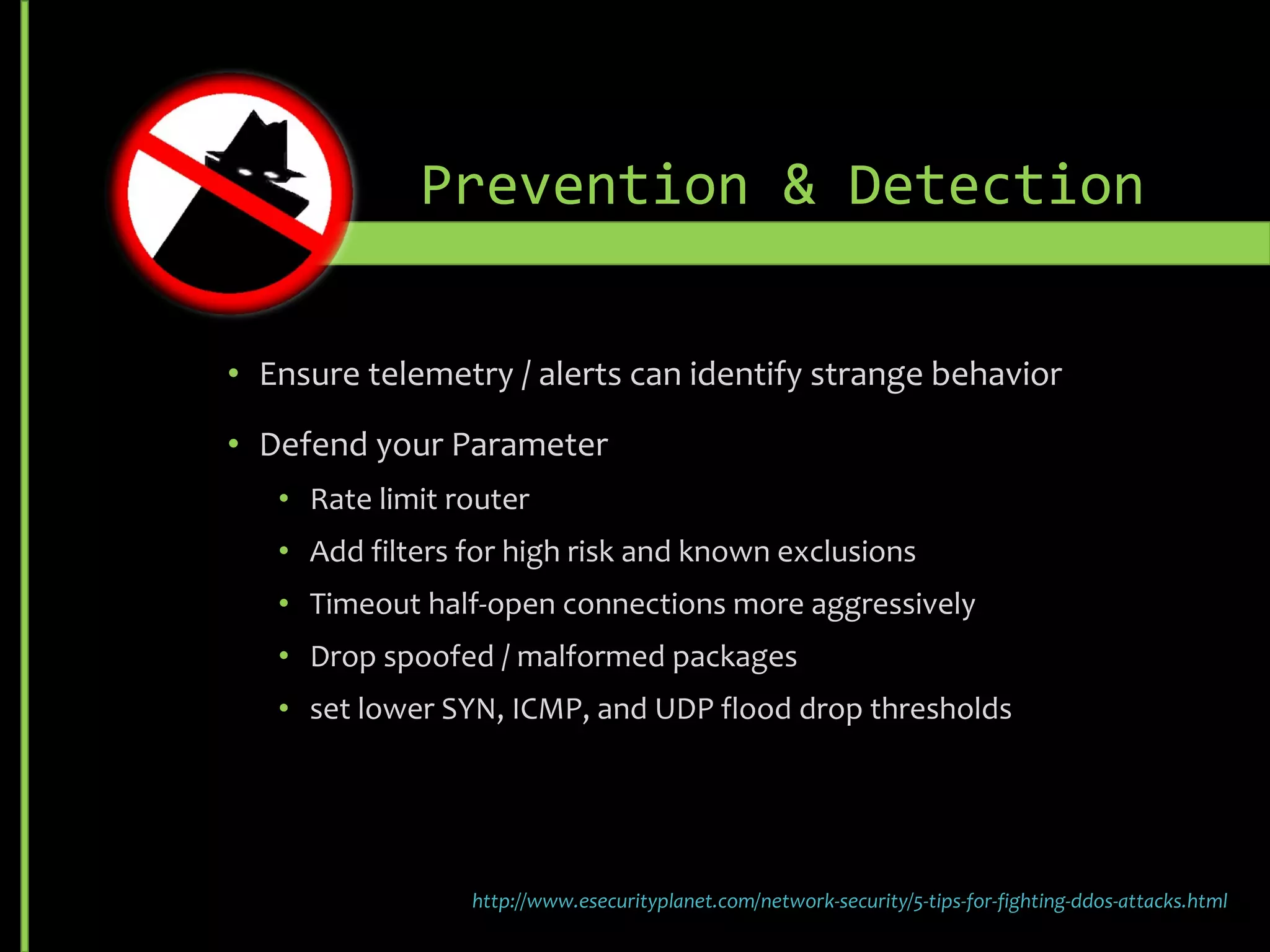 • Inforce complex password policies (Less Change of a match)
• Use salted hash
• Use a custom algorithm that incorporates hash not just
prefix/postfix poetically only using a part of the SALT
• Do not use single hash, random or random from list
• Do not store salt with hash values
• If the structure and hash is known the algorithm could be deduced.
E.g. Knowing a single value and its hash.
• Have a separate hash service only keep a ref to the hash (random
from list) used during the hashing.
Prevention & Detection
 