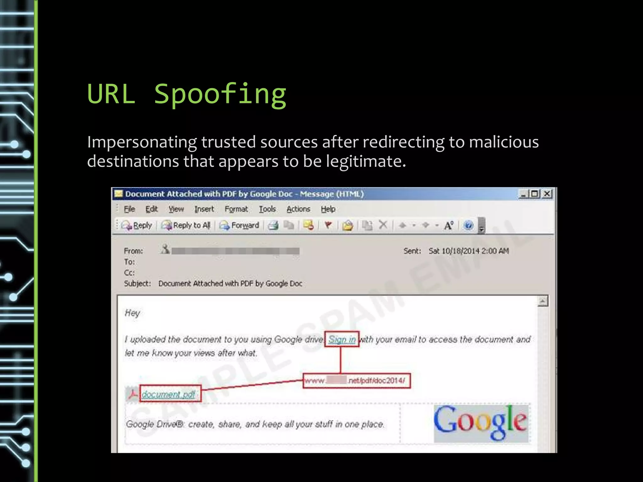 URL Spoofing
Impersonating trusted sources after redirecting to malicious
destinations that appears to be legitimate.
 