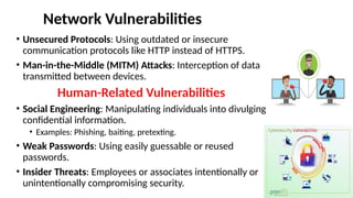 • Unsecured Protocols: Using outdated or insecure
communication protocols like HTTP instead of HTTPS.
• Man-in-the-Middle (MITM) Attacks: Interception of data
transmitted between devices.
Human-Related Vulnerabilities
• Social Engineering: Manipulating individuals into divulging
confidential information.
• Examples: Phishing, baiting, pretexting.
• Weak Passwords: Using easily guessable or reused
passwords.
• Insider Threats: Employees or associates intentionally or
unintentionally compromising security.
Network Vulnerabilities
 