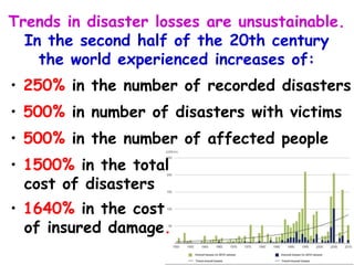 Then (1950s) Now (2013)
Under-reporting of
disasters
More complete
recording
Counting only direct
effects
Quantifying indirect
effects
Smaller population of
hazardous places
Larger population,
greater densities
Less inequality Growing inequality and
marginalisation
Less fixed capital at
risk
Relentless accumulation
of fixed capital
Simpler socio-economic
networks
More complex networks
 