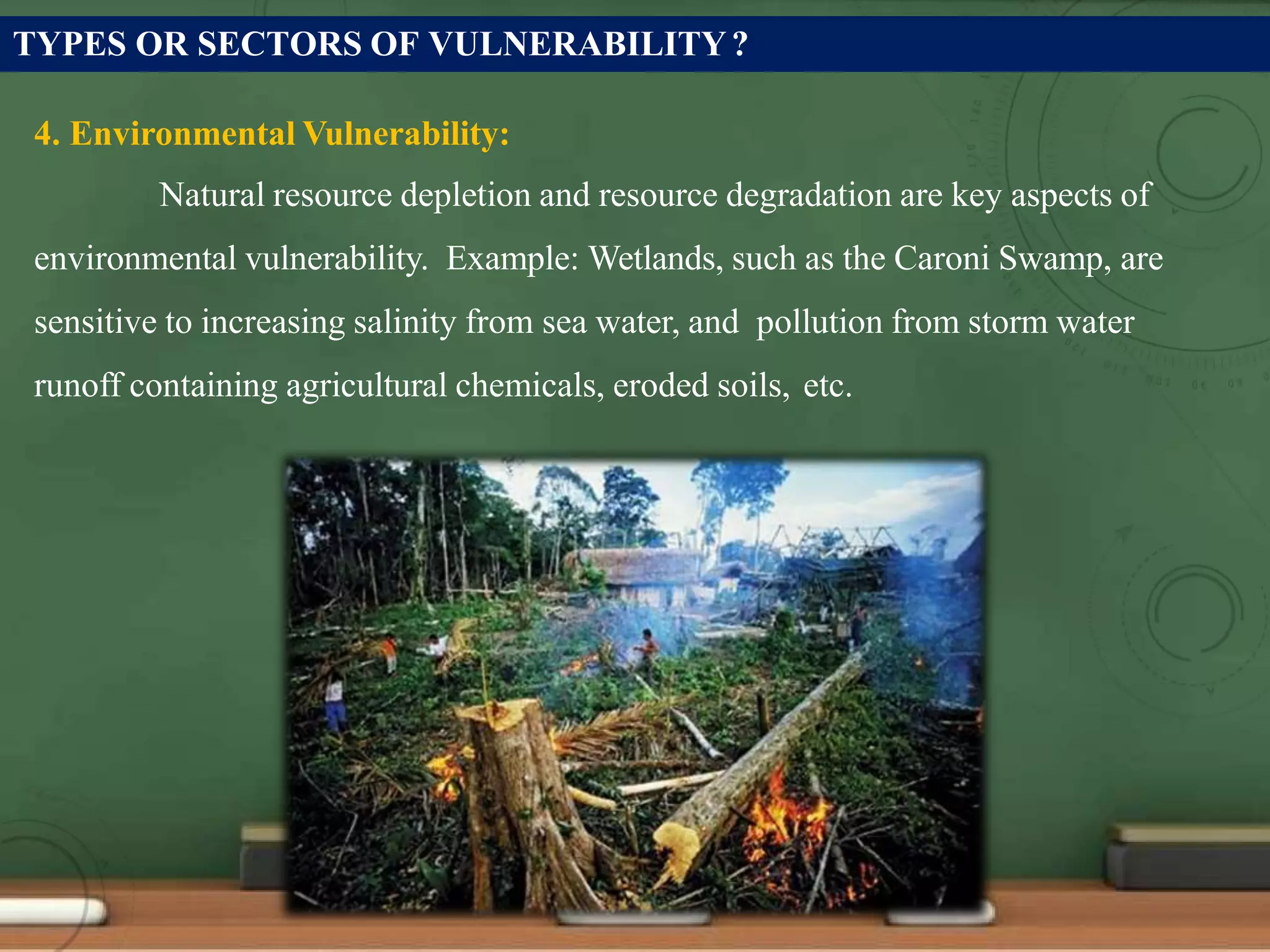 TYPES OR SECTORS OF VULNERABILITY?
4. Environmental Vulnerability:
Natural resource depletion and resource degradation are key aspects of
environmental vulnerability. Example: Wetlands, such as the Caroni Swamp, are
sensitive to increasing salinity from sea water, and pollution from storm water
runoff containing agricultural chemicals, eroded soils, etc.
 