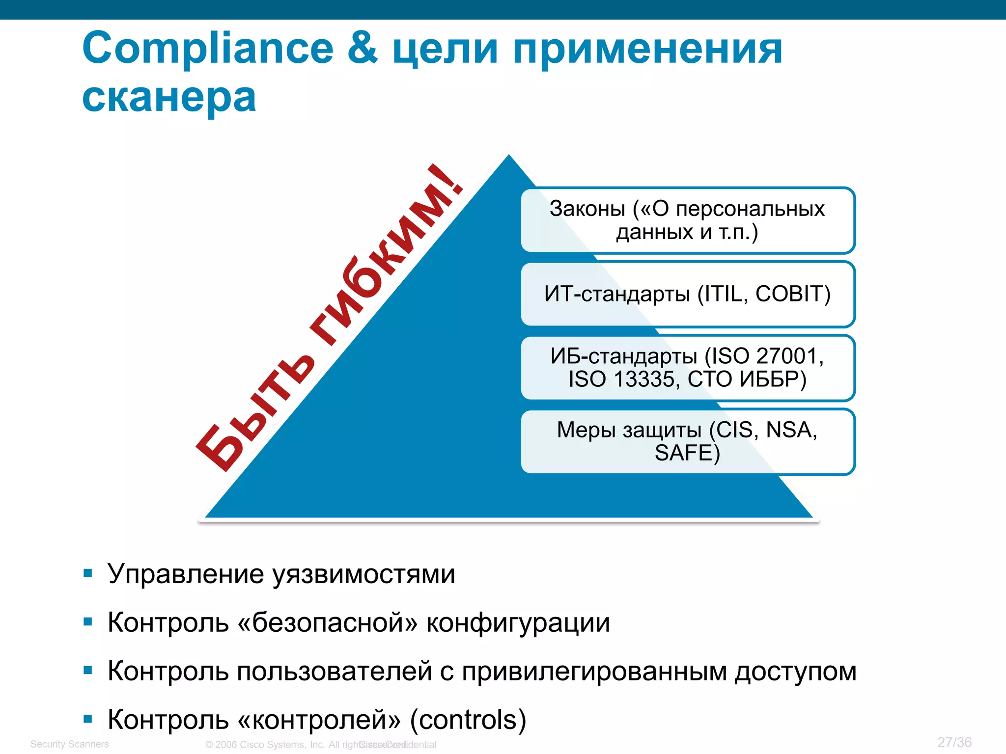 Cisco Confidential 27/36© 2006 Cisco Systems, Inc. All rights reserved.Security Scanners
Compliance & цели применения
сканера
Законы («О персональных
данных и т.п.)
ИТ-стандарты (ITIL, COBIT)
ИБ-стандарты (ISO 27001,
ISO 13335, СТО ИББР)
Меры защиты (CIS, NSA,
SAFE)
 Управление уязвимостями
 Контроль «безопасной» конфигурации
 Контроль пользователей с привилегированным доступом
 Контроль «контролей» (controls)
 