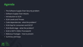 Agenda
19
▪ The Software Supply Chain Security problem
▪ Software Supply Chain Attacks
▪ Introduction to SLSA
▪ SLSA Levels and Threats
▪ Code dependencies - what the problem?
▪ SLSA Gap for consumers and S2C2F
▪ SLSA Build stage - what the problem?
▪ SLSA is NOT A SSDLC Framework!
▪ Malicious Packages - How to prevent
▪ Summary and Gaps
 