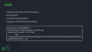 DSSE
30
▪ Problems with JWT and TUF signatures
▪ Not just JSON
▪ No Need Canonicalization
▪ Supports a PAE (Pre-Auth-Encoding)
{'payload': 'SGVsbG8gMTIz',
'payloadType': 'http://example.com/testing',
'signatures': [{'keyid': '2a7141d6',
'sig':
'i16opxQrAEnXJ7x9kTWYd2LtZwEoRQqhYEvxoexvj2/tKXX6DZE8cbQ3eEGb8ZtuWcMk2LjD
LyhpQ2BSGcwQnA=='}]}
 