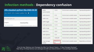 Infection methods - Dependency confusion
34
From the blog “Malicious npm Packages Are After Your Discord Tokens – 17 New Packages Disclosed”
https://jfrog.com/blog/malicious-npm-packages-are-after-your-discord-tokens-17-new-packages-disclosed/
 