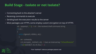 Build Stage - Isolate or not Isolate?
42
42
▪ Connecting back to the attacker’s server
▪ Receiving commands to execute
▪ Sending back the execution results to the server
▪ Most packages use HTTPS, some employ custom encryption on top of HTTPS
From “hpid/hipid” malicious packages payload code
 