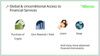 Global & Unconditional Access to
Financial Services
Purchase of
Crypto
Earn Rewards / Yield Loans Swap
And many more advanced
financial instruments
 
