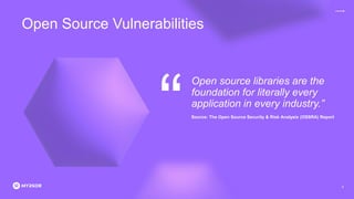 Open Source Vulnerabilities
Source: The Open Source Security & Risk Analysis (OSSRA) Report
Open source libraries are the
foundation for literally every
application in every industry.”
4
“
 