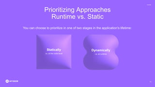 Prioritizing Approaches
Runtime vs. Static
You can choose to prioritize in one of two stages in the application's lifetime:
Dynamically
i.e. at runtime
Statically
i.e. at the code level
10
 