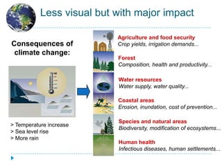 Less visual but with major impact

                           Agriculture and food security
Consequences of            Crop yields, irrigation demands...
 climate change:
                           Forest
                           Composition, health and productivity...

                           Water resources
                           Water supply, water quality...

                           Coastal areas
                           Erosion, inundation, cost of prevention...

                           Species and natural areas
> Temperature increase
                           Biodiversity, modification of ecosystems...
> Sea level rise
> More rain
                           Human health
                           Infectious diseases, human settlements...
 