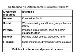 SL framework: Determinants of adaptive capacity
Livelihood        Examples
resources
Human             Knowledge, Skills
Social            Women’s savings and loans groups, farmer-
                  CBOs
Physical          Irrigation infrastructure, seed and grain
                  storage facilities
Natural           Reliable water source, productive land

Financial         Micro-insurance, diversified income sources

          Policies, institutions and power structures
 
