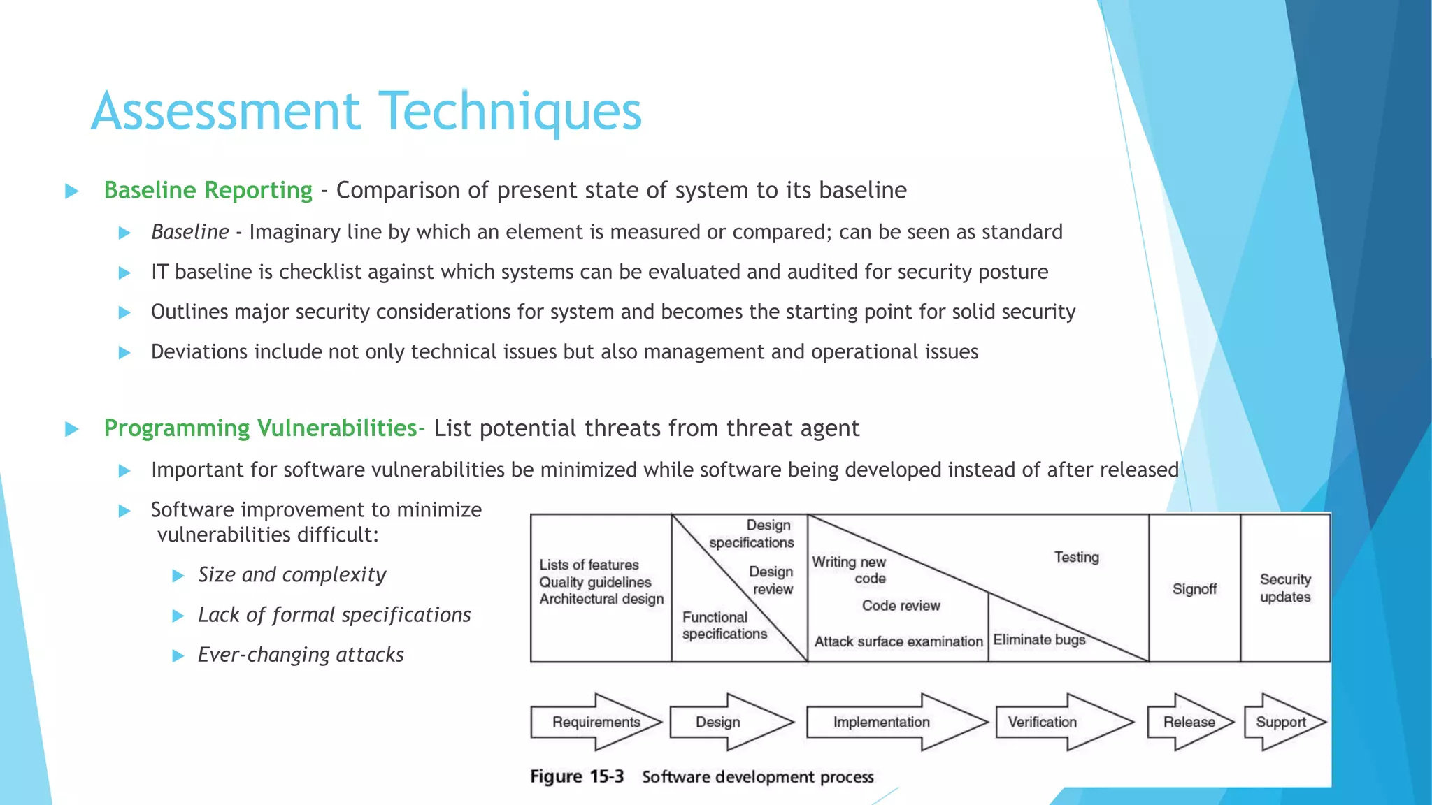Assessment Techniques
 Baseline Reporting - Comparison of present state of system to its baseline
 Baseline - Imaginary line by which an element is measured or compared; can be seen as standard
 IT baseline is checklist against which systems can be evaluated and audited for security posture
 Outlines major security considerations for system and becomes the starting point for solid security
 Deviations include not only technical issues but also management and operational issues
 Programming Vulnerabilities- List potential threats from threat agent
 Important for software vulnerabilities be minimized while software being developed instead of after released
 Software improvement to minimize
vulnerabilities difficult:
 Size and complexity
 Lack of formal specifications
 Ever-changing attacks
 