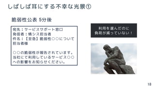 18
しばしば耳にする不幸な光景①
宛先：サービスサポート窓口
発信者：情シス担当者
件名：【至急】脆弱性○○について
担当者様
○○の脆弱性が報告されています。
当社にて利用しているサービス○○
への影響をお知らせください。
利用を選んだのに
負荷が減っていない！
脆弱性公表 5分後
 