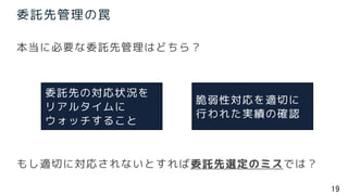 19
委託先管理の罠
本当に必要な委託先管理はどちら？
もし適切に対応されないとすれば委託先選定のミスでは？
委託先の対応状況を
リアルタイムに
ウォッチすること
脆弱性対応を適切に
行われた実績の確認
 