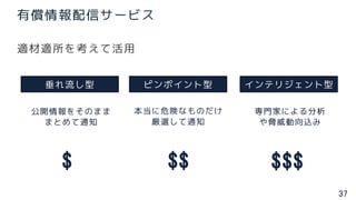 37
有償情報配信サービス
適材適所を考えて活用
垂れ流し型 インテリジェント型ピンポイント型
本当に危険なものだけ
厳選して通知
公開情報をそのまま
まとめて通知
$ $$ $$$
専門家による分析
や脅威動向込み
 