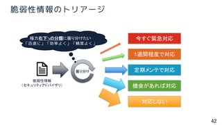 42
脆弱性情報のトリアージ
今すぐ緊急対応
1週間程度で対応
定期メンテで対応
機会があれば対応
対応しない
振り分け
脆弱性情報
（セキュリティアドバイザリ）
極力右下↘️の分類に振り分けたい
「迅速に」「効率よく」「精度よく」
 