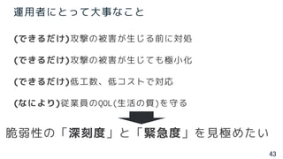 43
運用者にとって大事なこと
(できるだけ)攻撃の被害が生じる前に対処
(できるだけ)攻撃の被害が生じても極小化
(できるだけ)低工数、低コストで対応
(なにより)従業員のQOL(生活の質)を守る
脆弱性の「深刻度」と「緊急度」を見極めたい
 